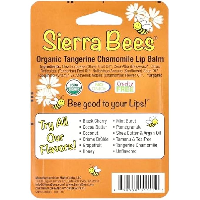 Sierra Bees ORGANIC LIP BALMS, TANGERINE CHAMOMILE, 4 PACK, 0.15 OZ (4.25 G) EACH - Image 3